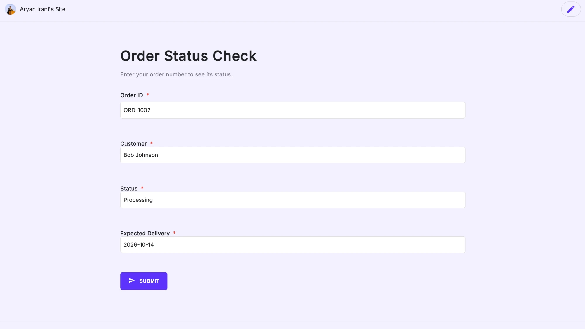 The live Order Status Check form with ORD-1002 entered and Customer, Status, and Expected Delivery filled in