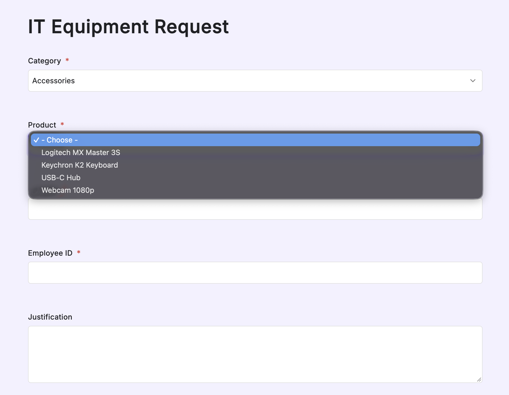 The live form with Category set to Accessories and the Product dropdown showing only Logitech MX Master 3S, Keychron K2 Keyboard, USB-C Hub, and Webcam 1080p
