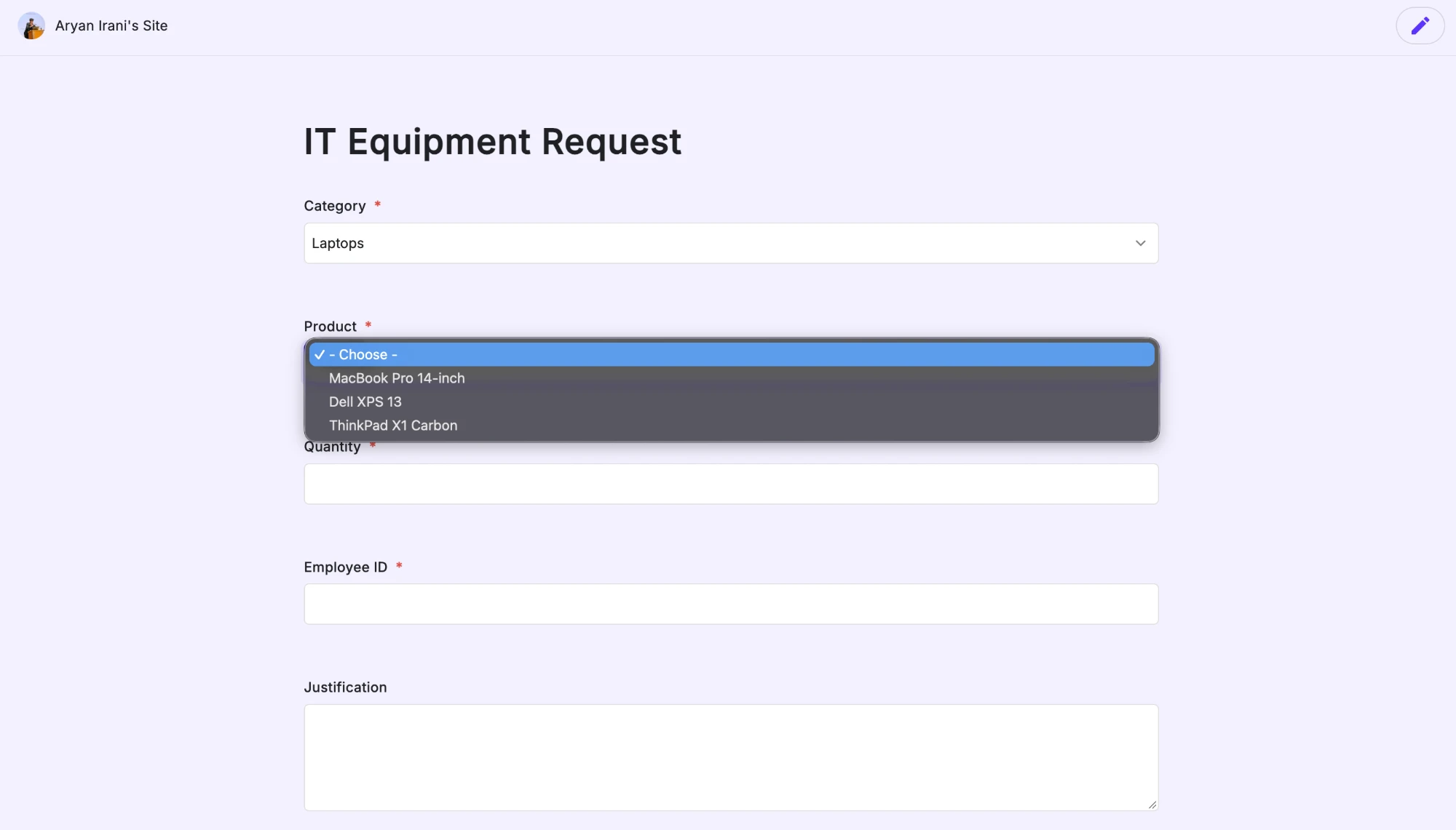 The live IT Equipment Request form with Category set to Laptops and the Product dropdown showing only MacBook Pro 14-inch, Dell XPS 13, and ThinkPad X1 Carbon