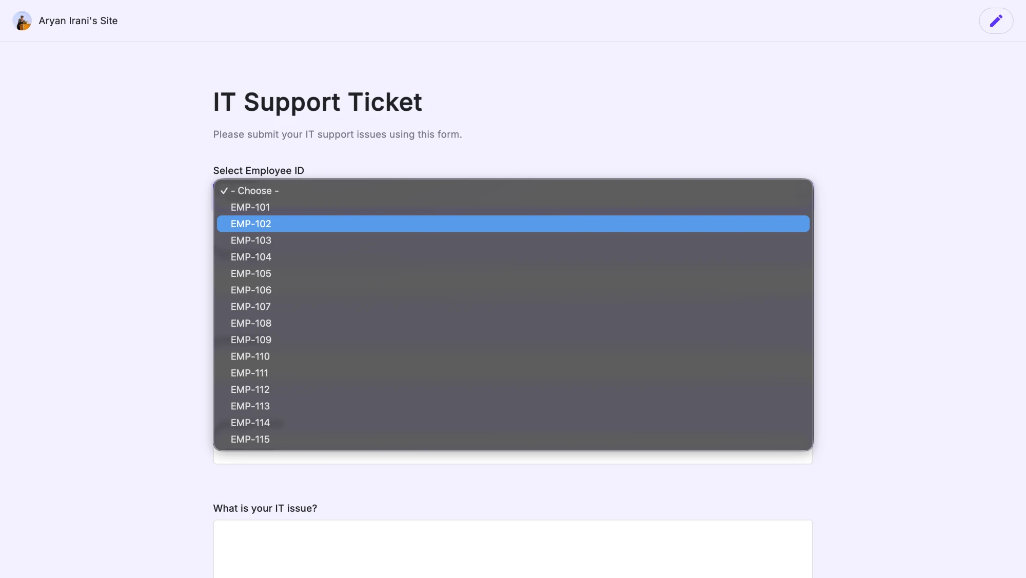 The published IT Support Ticket form with the Select Employee ID dropdown open, listing EMP-101 through EMP-115