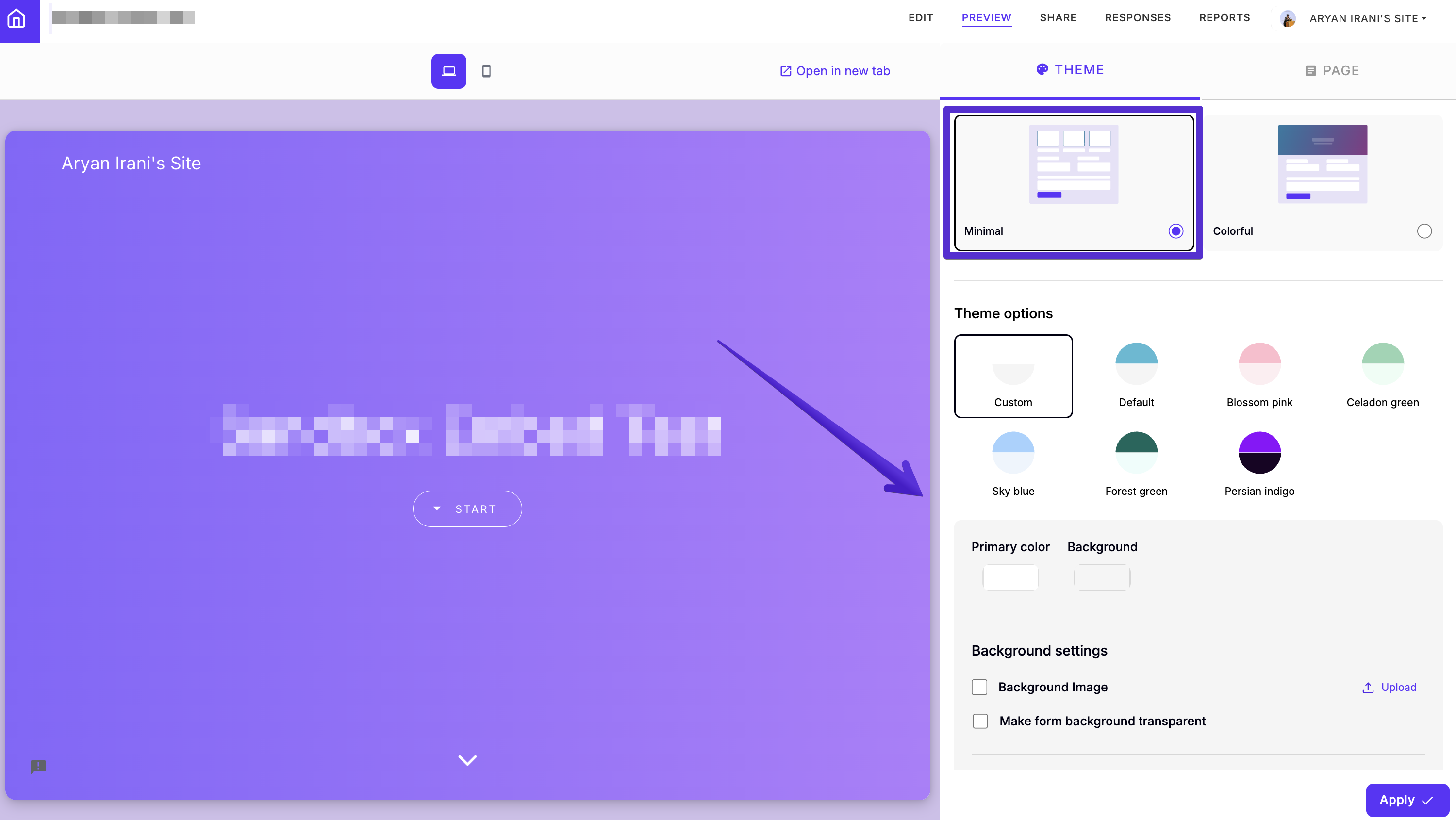 The Theme tab with Minimal selected and its preset palette