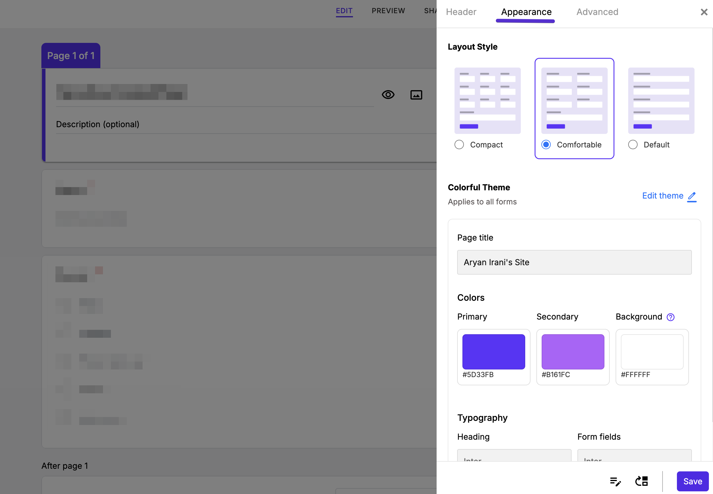 The Appearance tab showing layout styles and theme colors